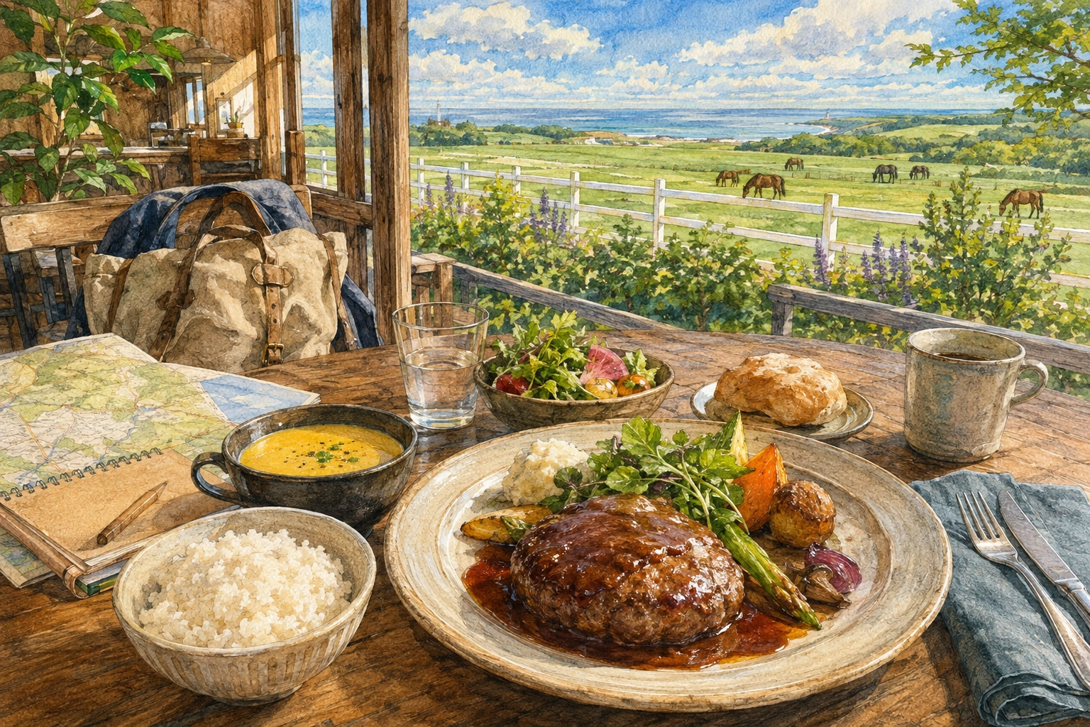 新冠の牧草地と海を望む木の食卓に、洋食ランチと地図、旅行鞄を描いた水彩イラスト