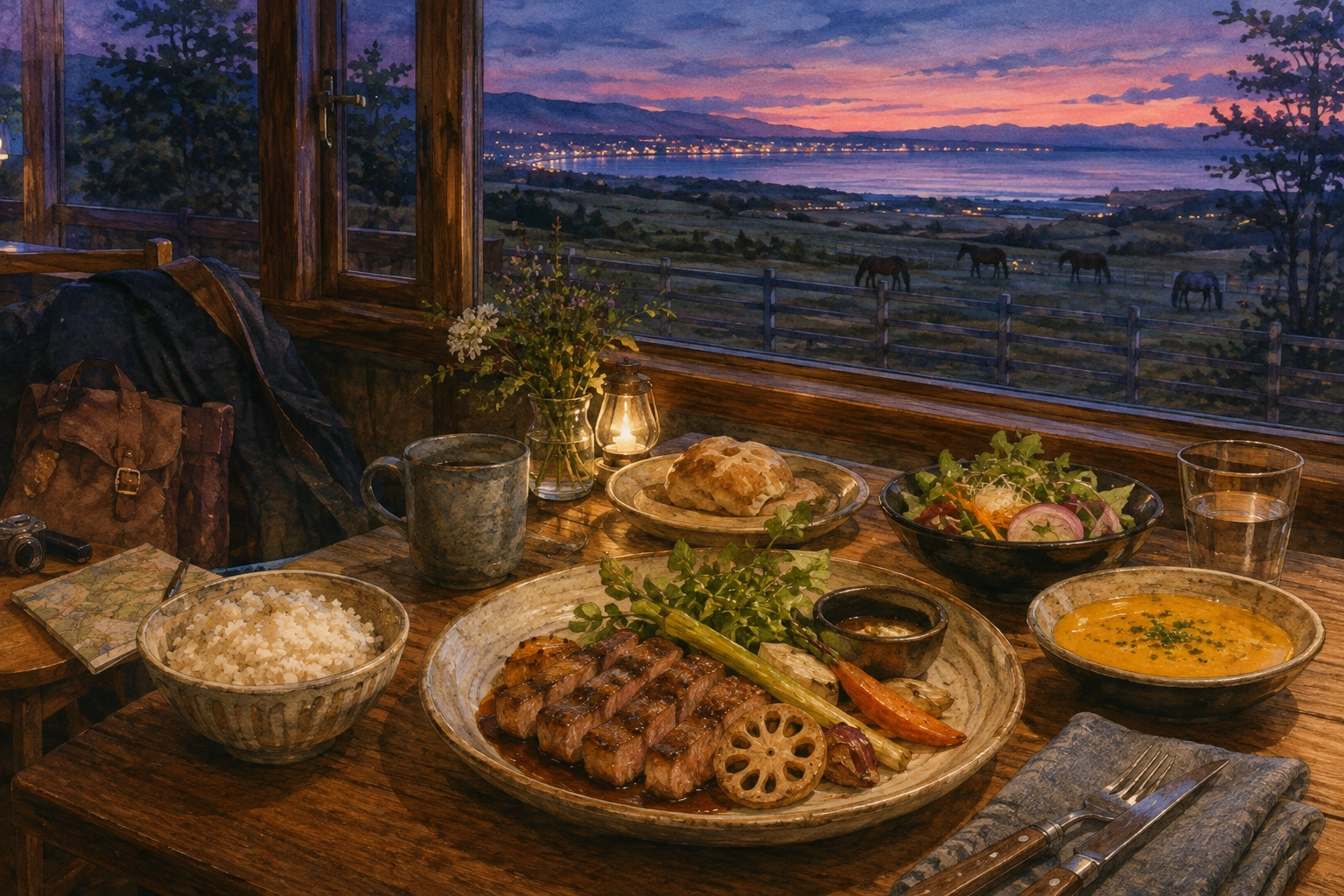 夕暮れの牧場と海を望む食卓に、夕食と旅の地図を描いた水彩イラスト