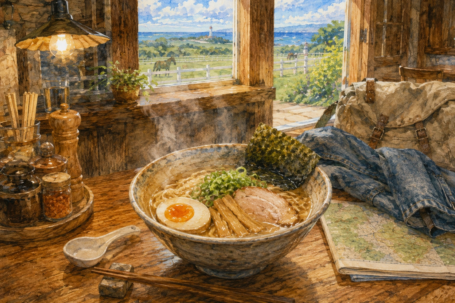 新冠の牧場と海を望む木の店内で、湯気の立つラーメンと旅支度を描いた水彩イラスト