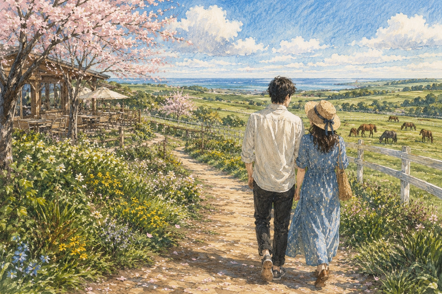 桜と花々の小径を歩く二人と、新冠の牧場、馬、海を描いた水彩イラスト