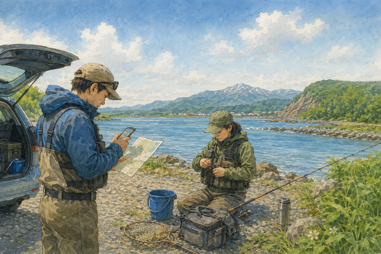 新冠の水辺で地図とスマートフォンを確認しながら釣り支度をする二人のイメージイラスト