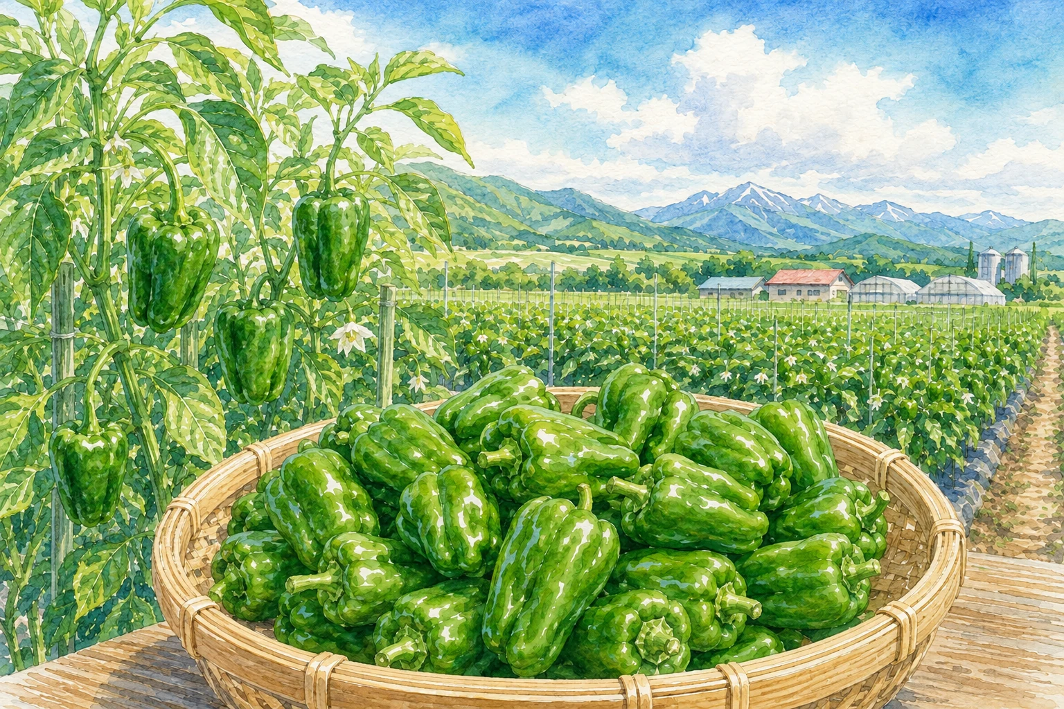新冠のピーマン畑と収穫された新鮮な緑色のピーマンのイメージイラスト