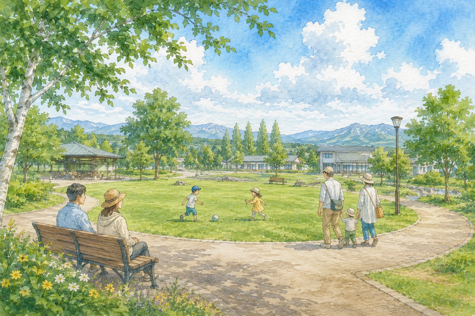 新冠町レ・コードパークをイメージした緑の広場で家族が休憩するイメージイラスト