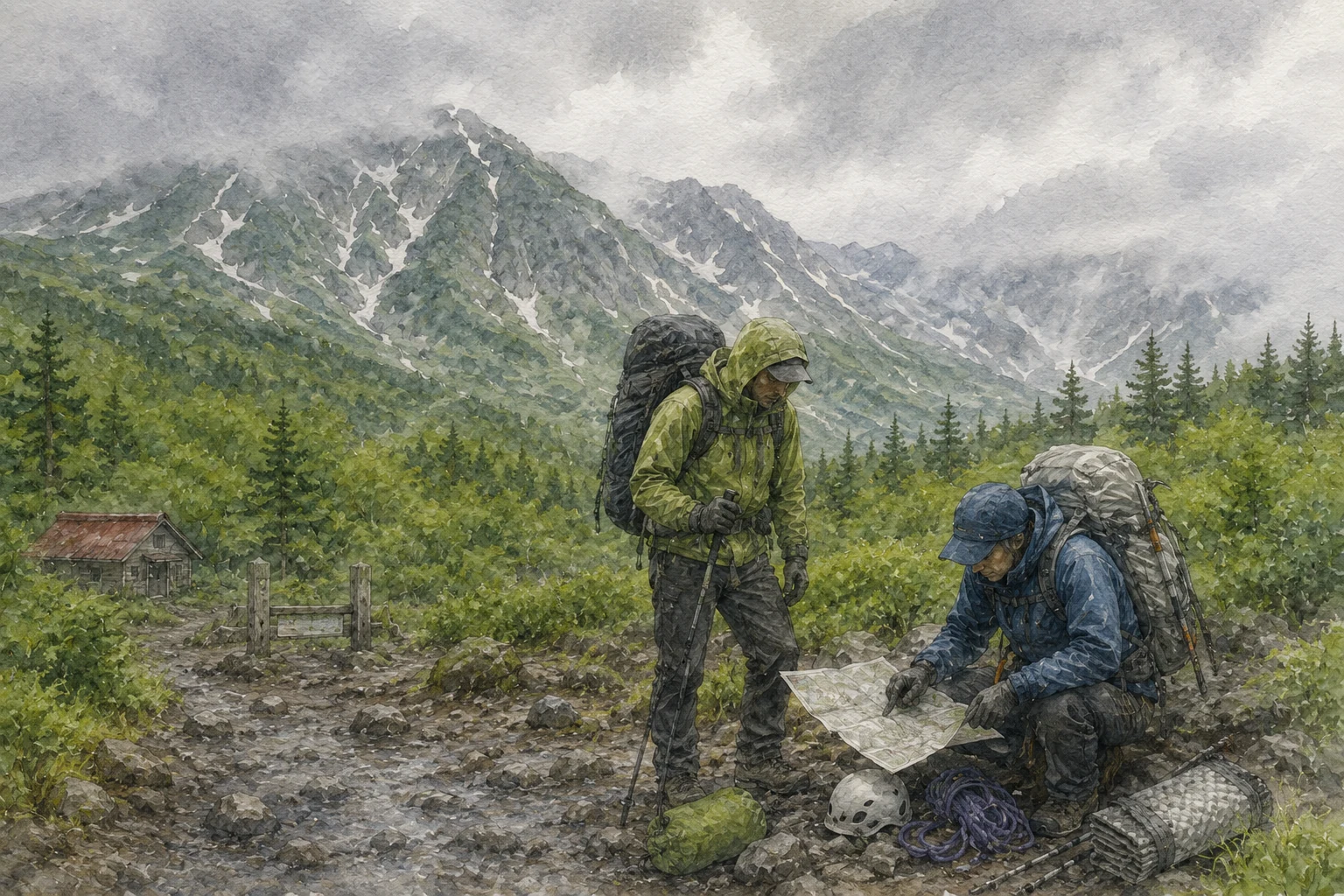 悪天候の山岳地帯で地図と装備を確認する経験豊富な登山者のイメージイラスト