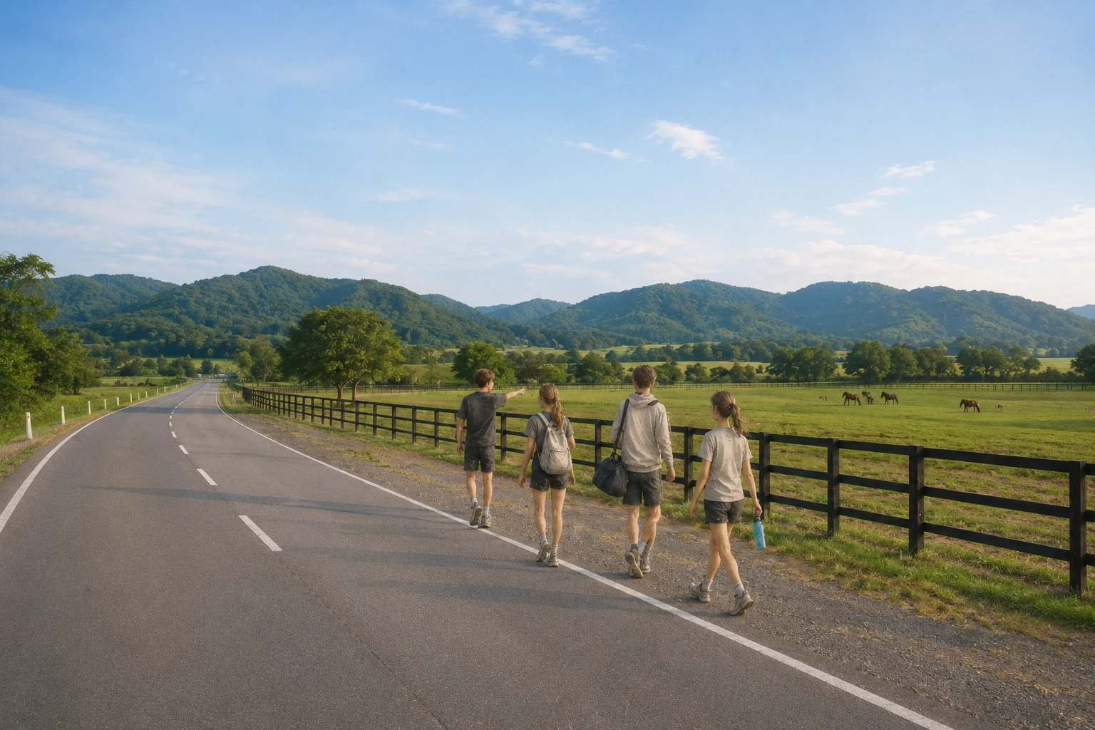 牧場沿いの道路を歩く旅行者と放牧中の馬