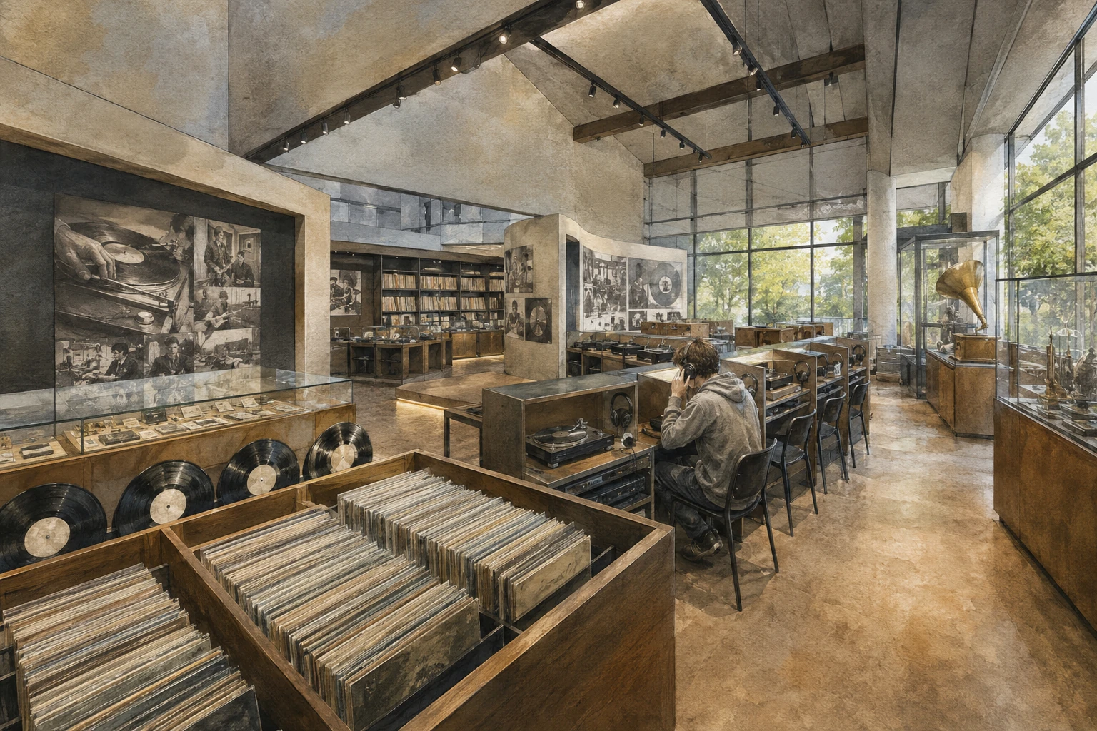 新冠町レ・コード館でレコードの展示と試聴文化に触れるイメージ