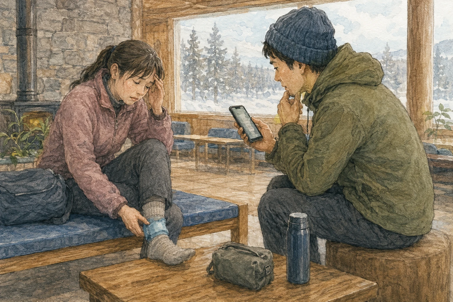 体調不良や軽いけがで休む旅行者と、同行者がスマートフォンで医療機関や連絡先を確認するイメージ