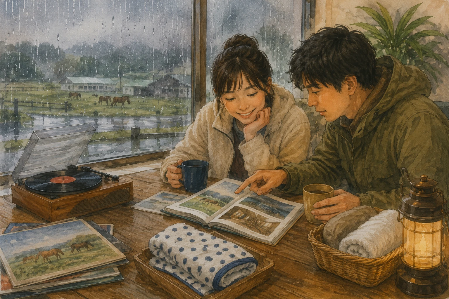 雨の牧場風景を眺めながら、レコードや観光資料を見て新冠町での屋内の過ごし方を相談する旅行者のイメージ