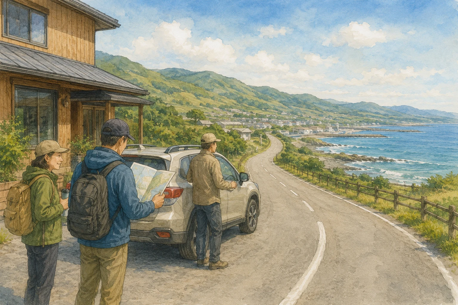 新冠の宿を拠点に海沿いの道路へ出発する車と日高地域の広がりのイメージ