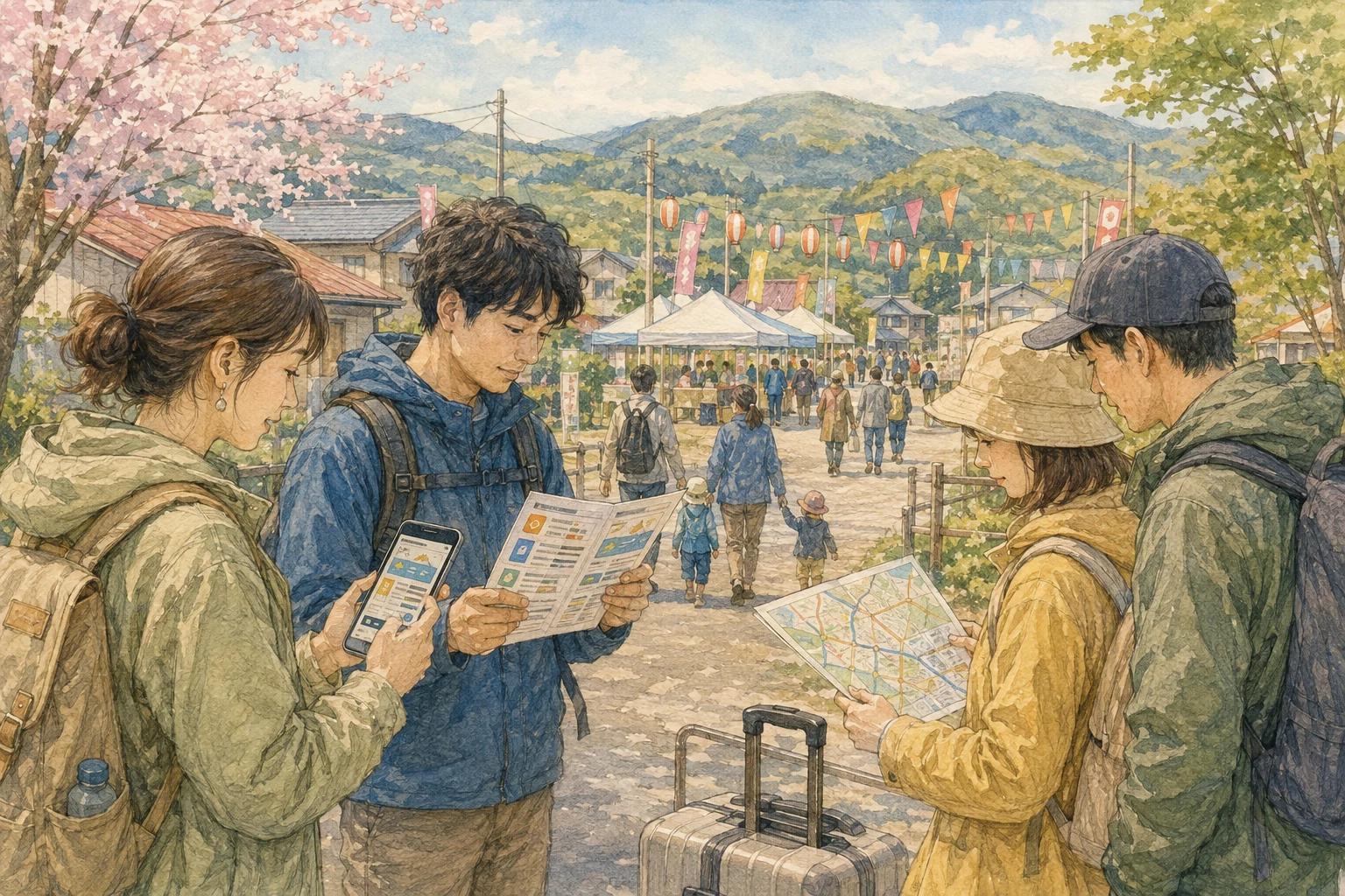 新冠町の地域イベント会場へ向かう人々と、事前確認を行う旅行者のイメージ