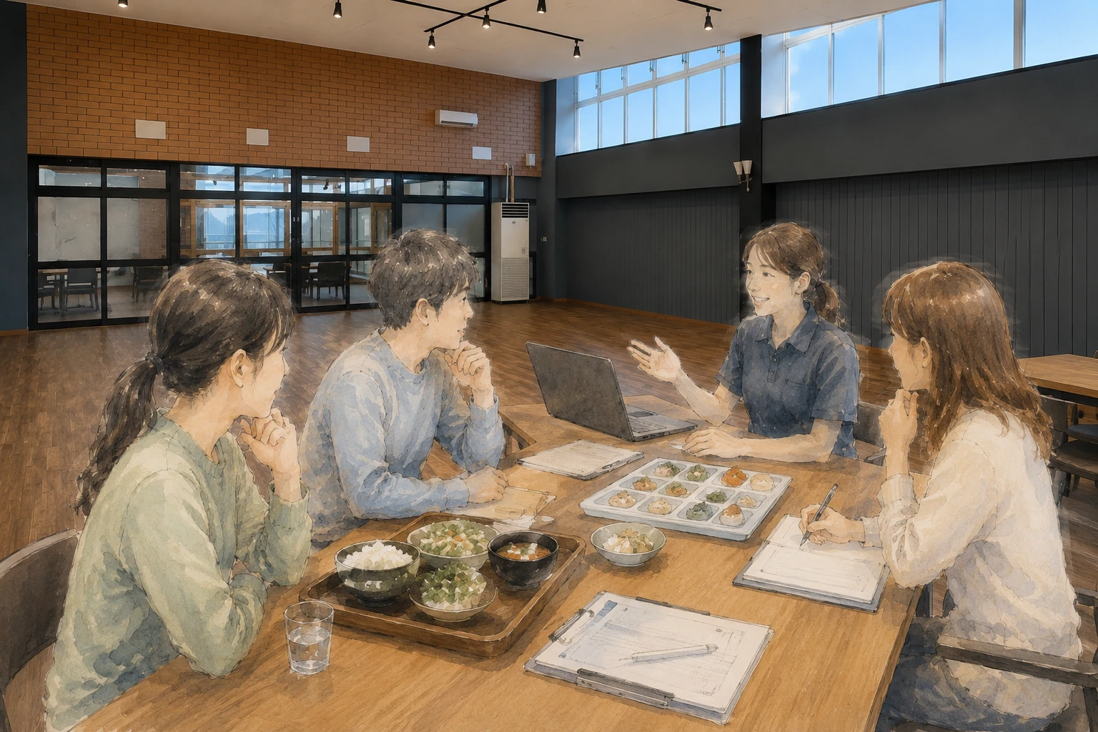 食事を囲みながら団体宿泊について相談するグループ
