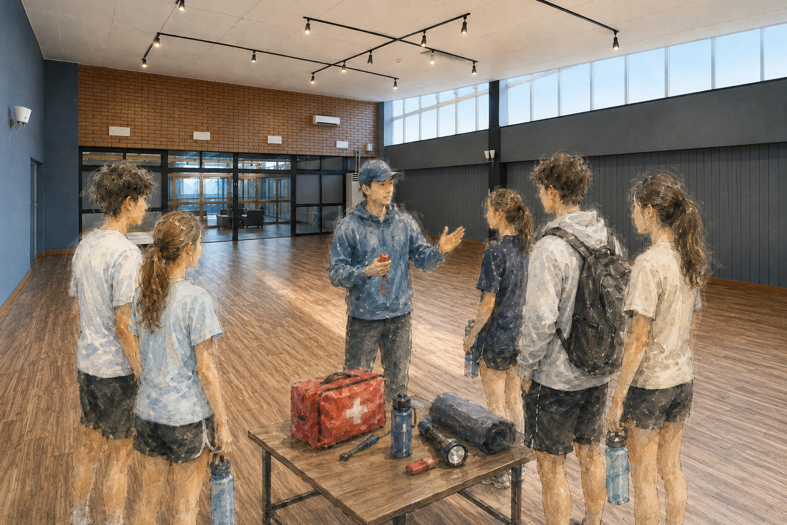 救急用品を前にスポーツ合宿の安全確認を行うグループ
