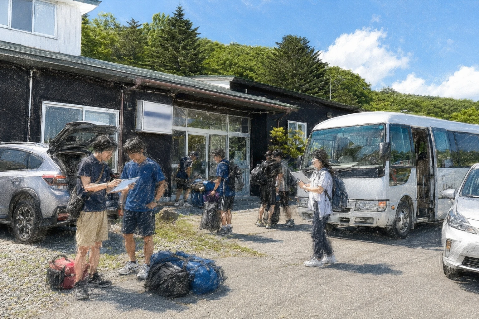 合宿の送迎車両へ荷物を積み込む参加者