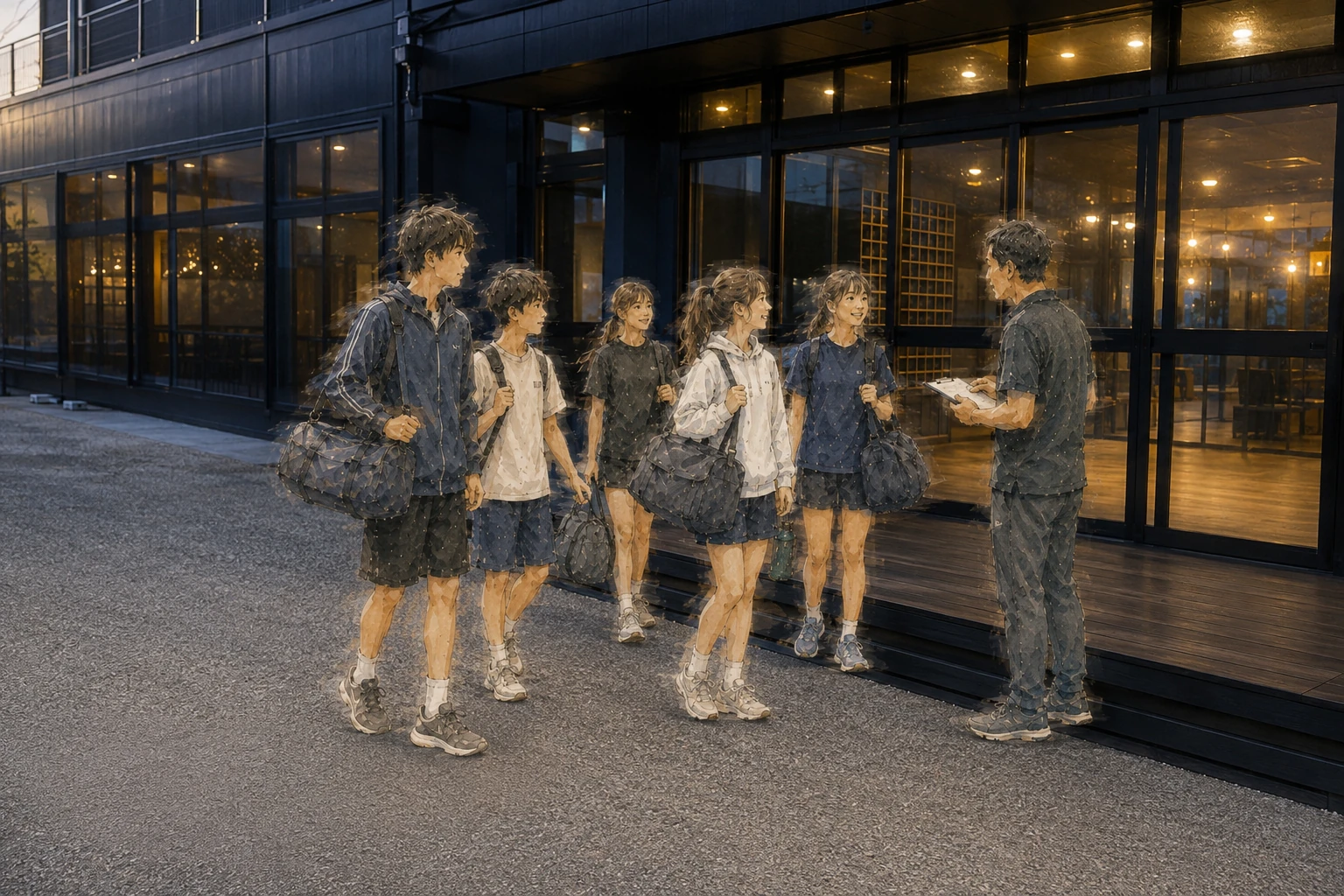 夕暮れの施設前に集まる学生スポーツチーム
