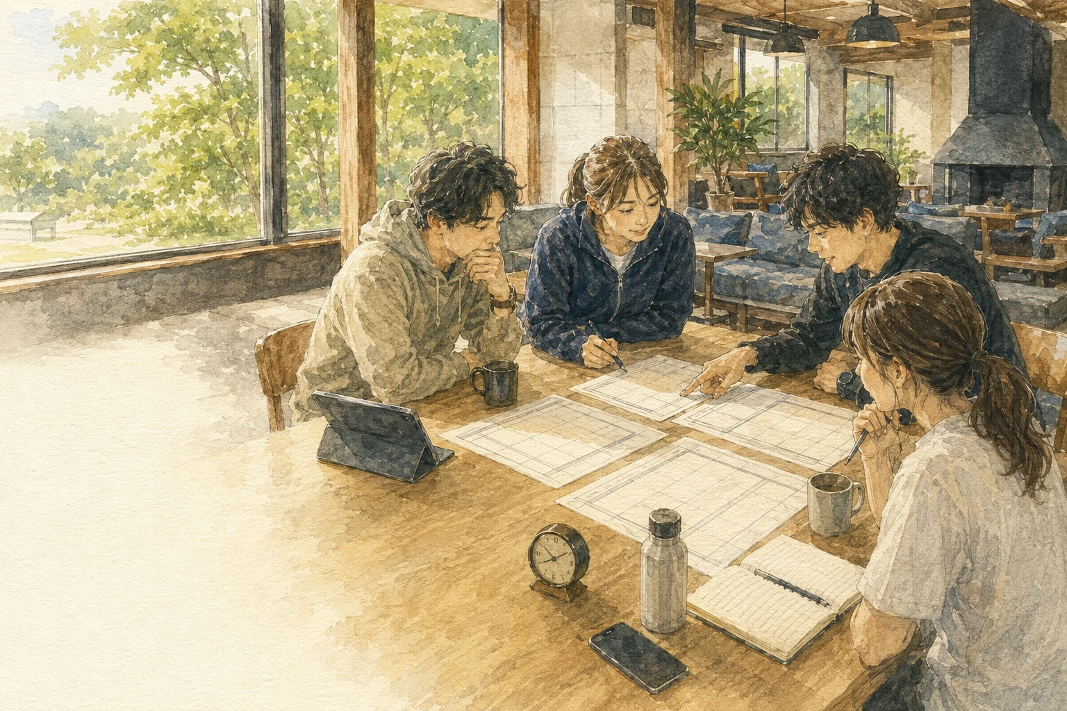 合宿の一日の予定を話し合う幹事たちのイメージ