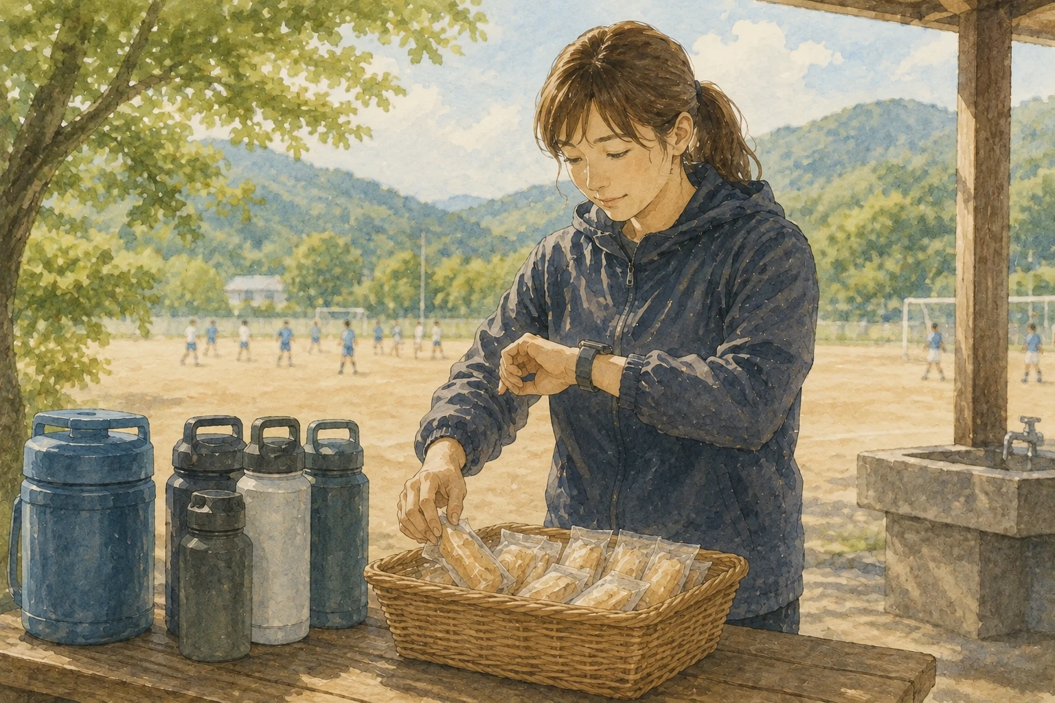 練習後の休憩場所で、腕時計を確認しながら水分と個包装の補食を整理する合宿担当者のイメージ