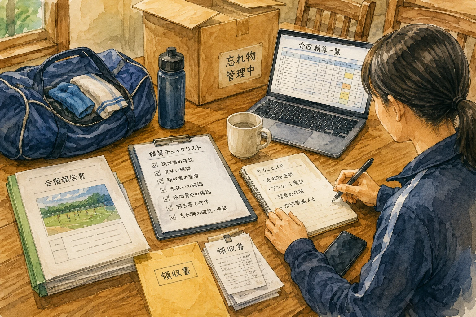 合宿後に領収書や報告資料、忘れ物を机上で整理する担当者のイメージ