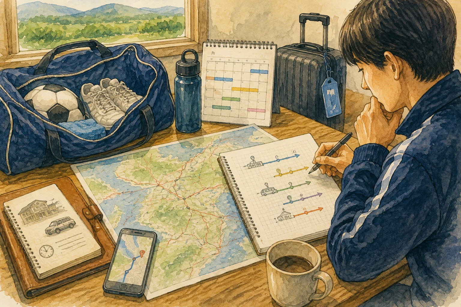 北海道合宿の前泊・後泊と移動経路を地図や日程表で確認する担当者のイメージ