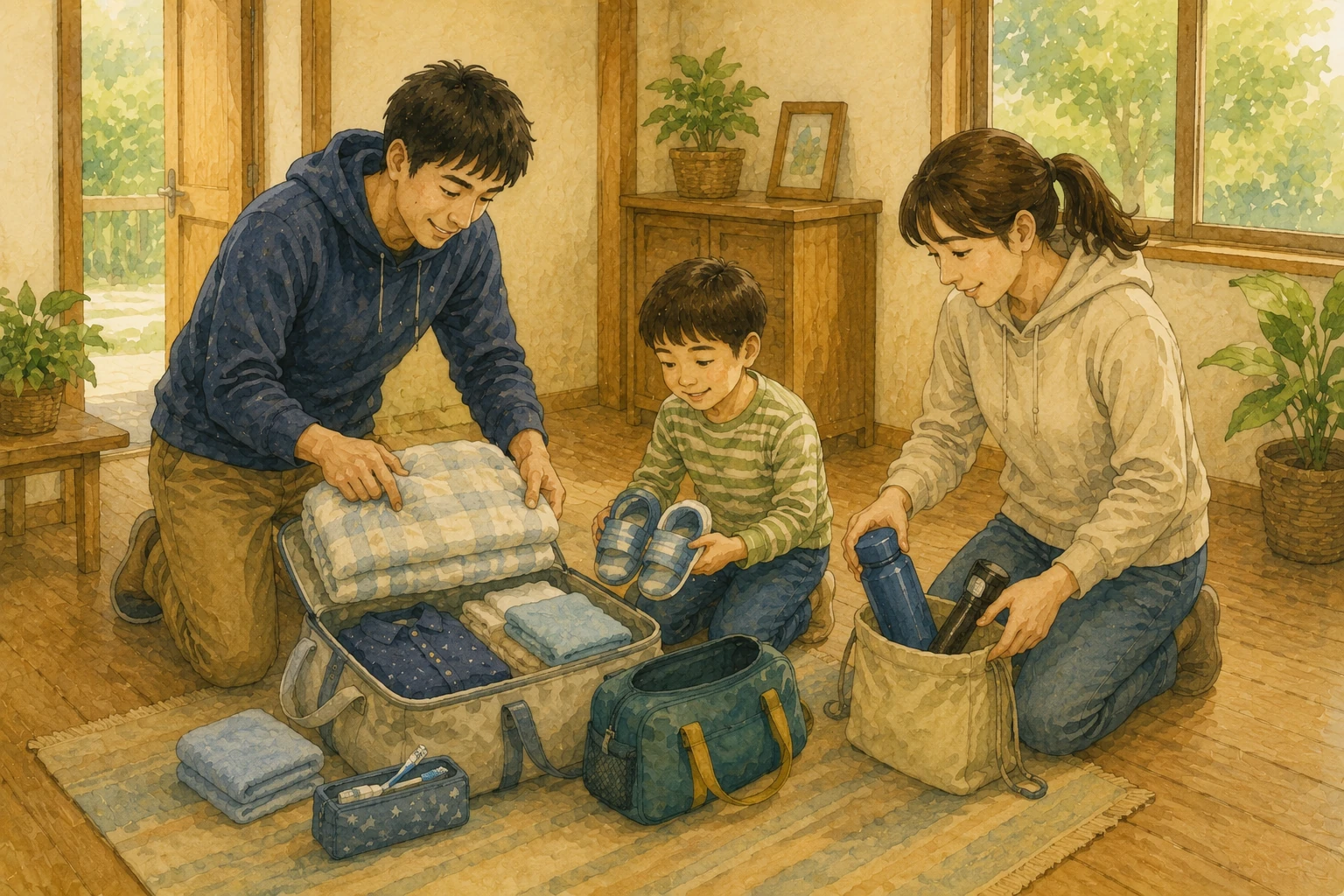 大人2人と子どもが、持参した寝具や着替え、タオル、歯ブラシポーチ、室内履き、夜間用品を確認する共同宿泊準備のイメージ