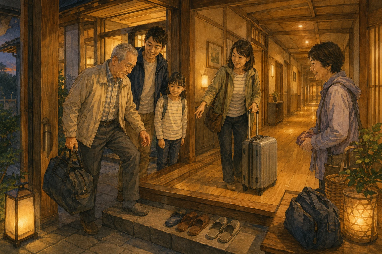 三世代の旅行者が宿泊施設の入口と館内動線を一緒に確認するイメージ