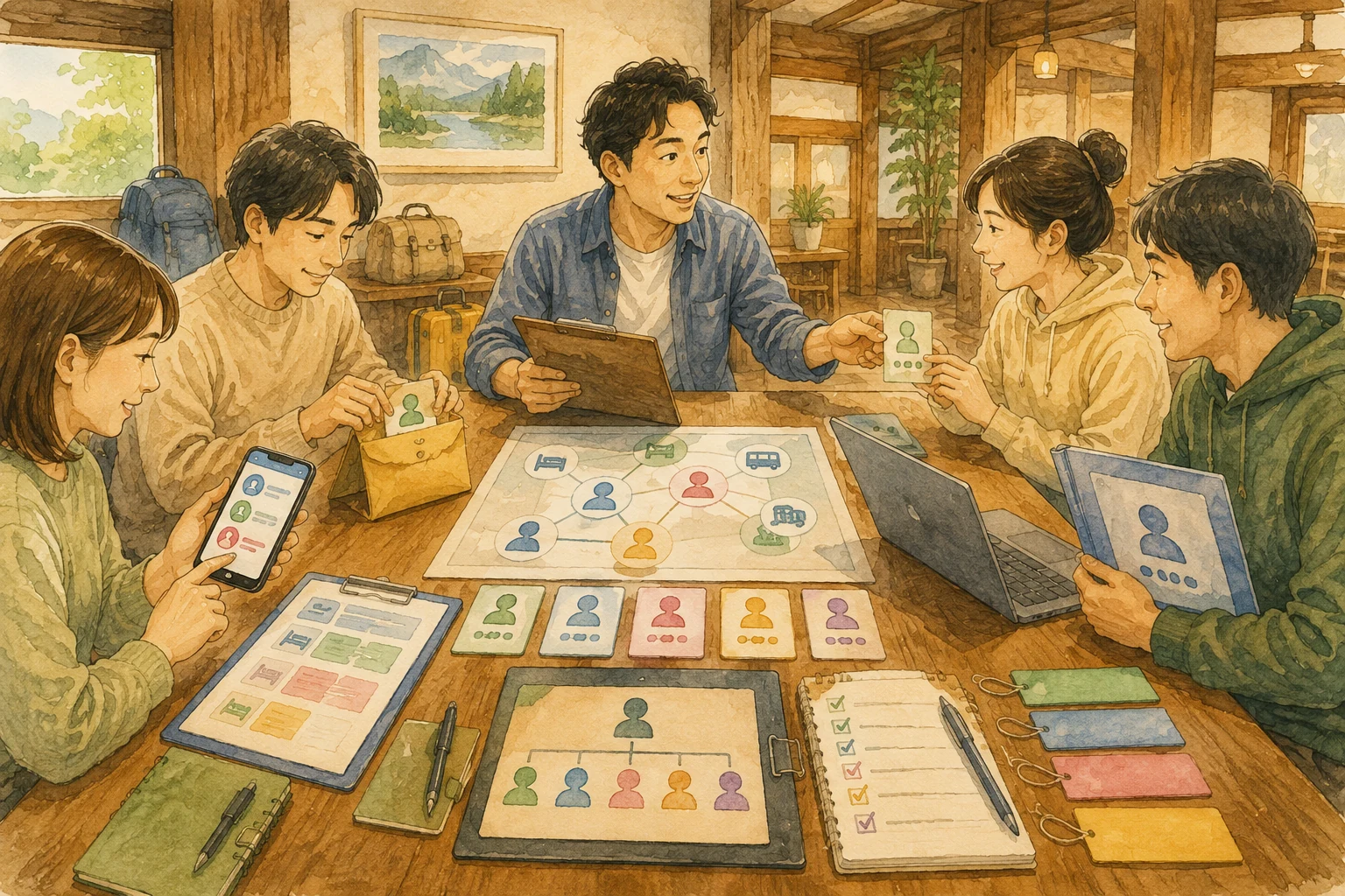 グループ旅行の代表者たちが予約・会計・連絡の役割分担を確認するイメージ